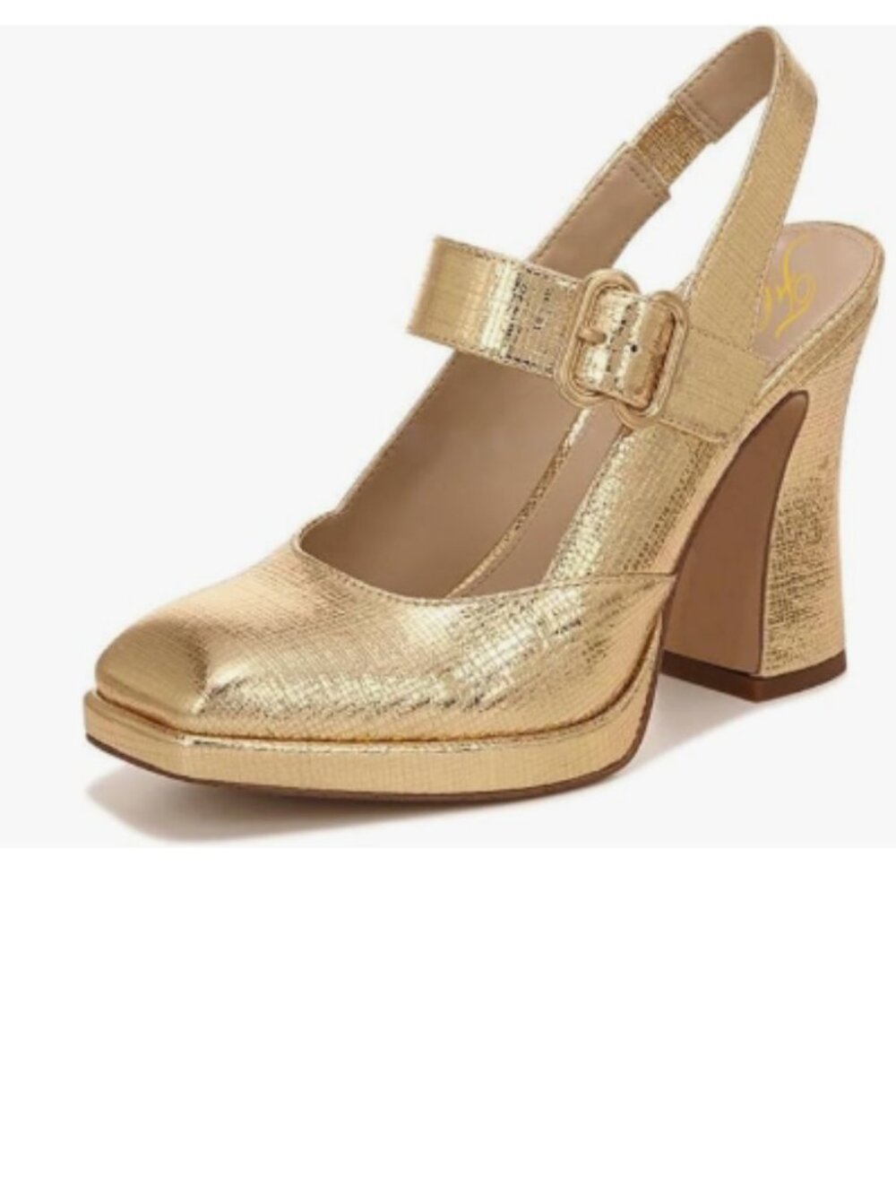 FYS Gold Platform Square Toe Pumps Block High Heel Mary Janes Slingback Shoes